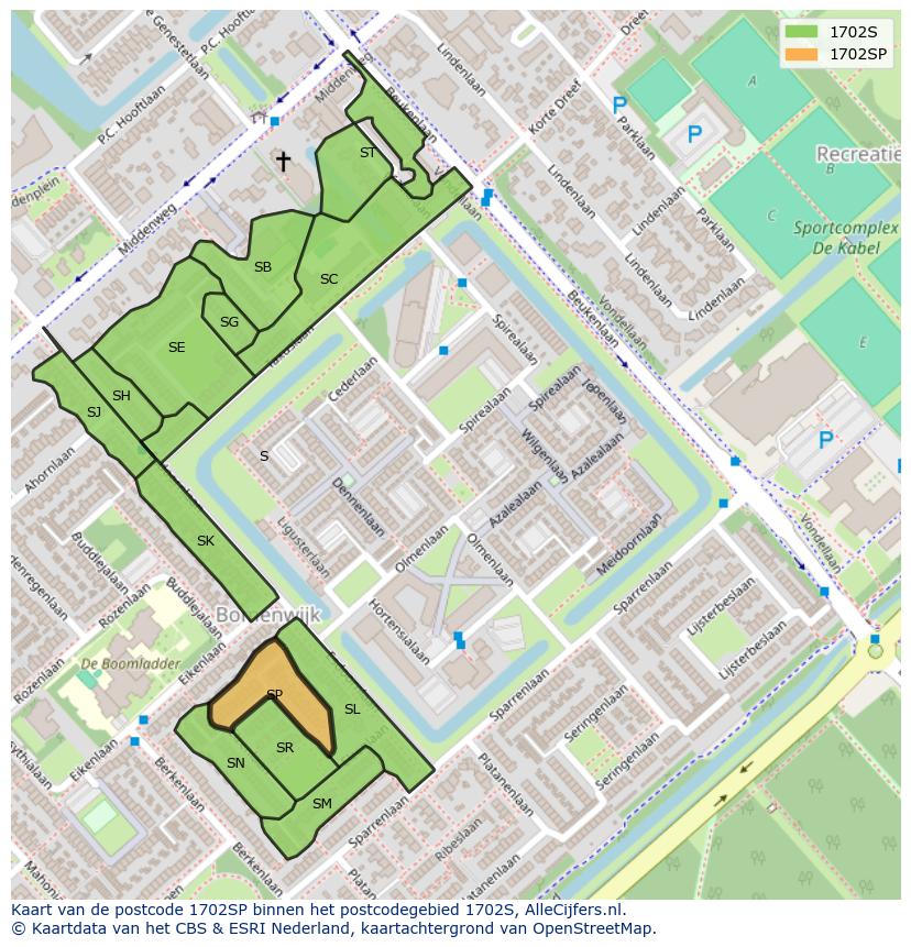 Afbeelding van het postcodegebied 1702 SP op de kaart.