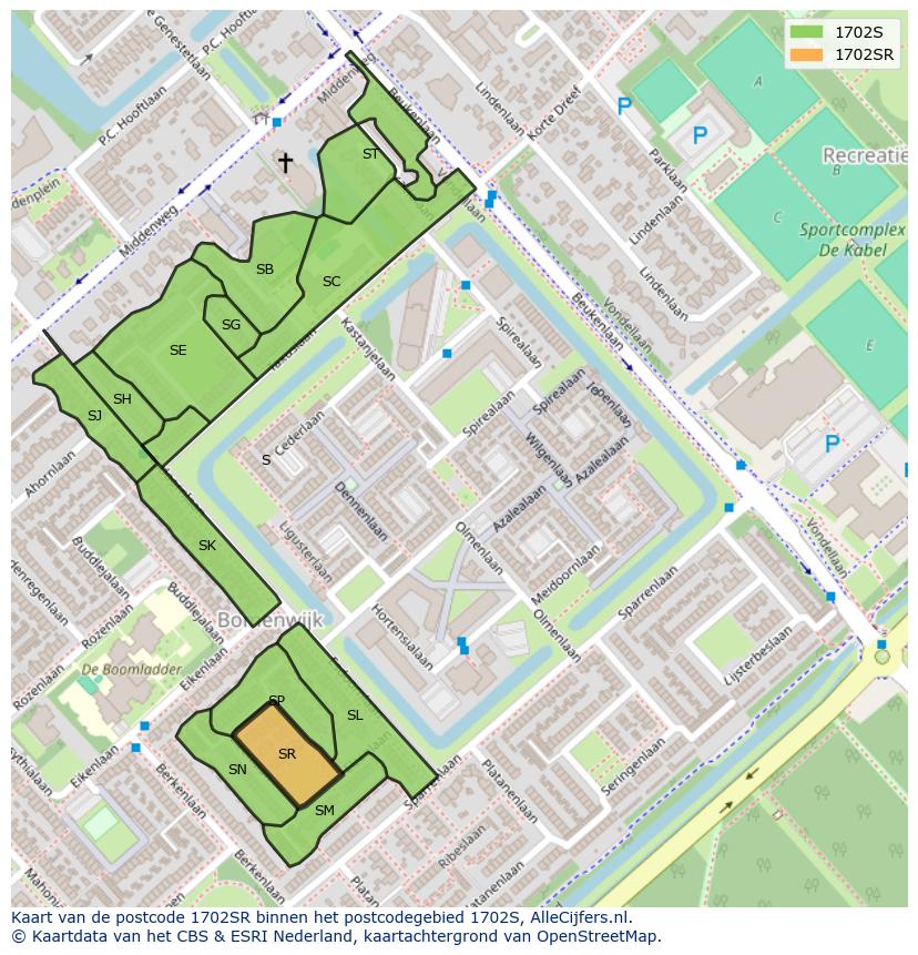 Afbeelding van het postcodegebied 1702 SR op de kaart.