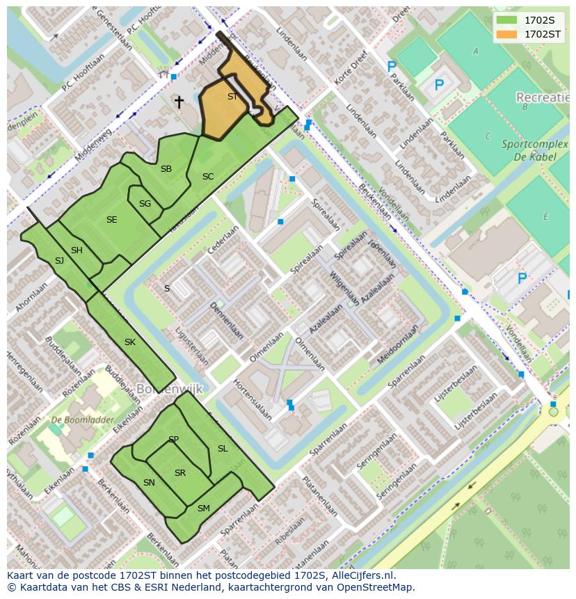Afbeelding van het postcodegebied 1702 ST op de kaart.