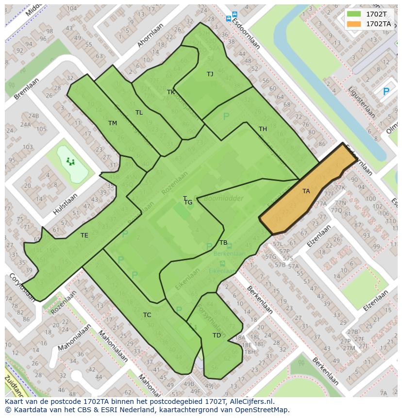 Afbeelding van het postcodegebied 1702 TA op de kaart.