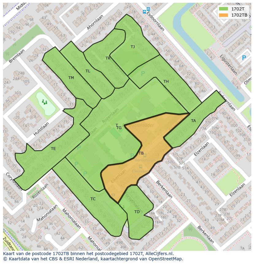 Afbeelding van het postcodegebied 1702 TB op de kaart.