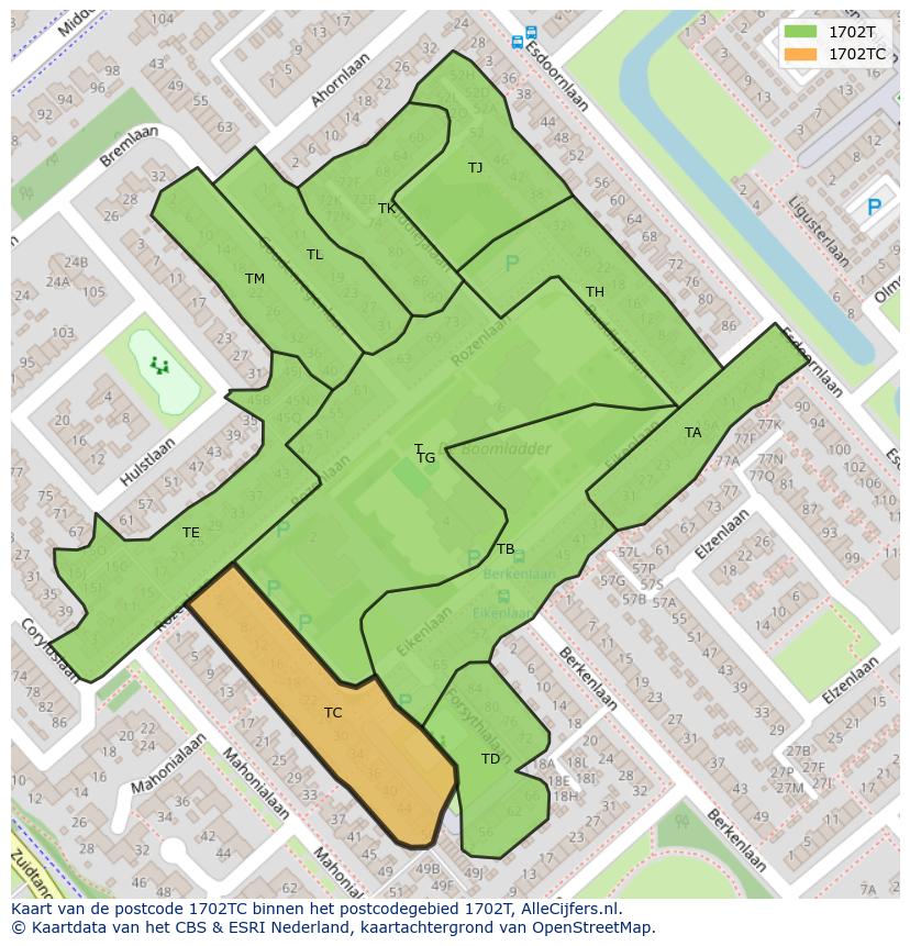 Afbeelding van het postcodegebied 1702 TC op de kaart.