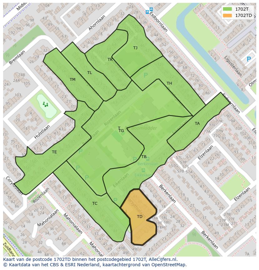 Afbeelding van het postcodegebied 1702 TD op de kaart.
