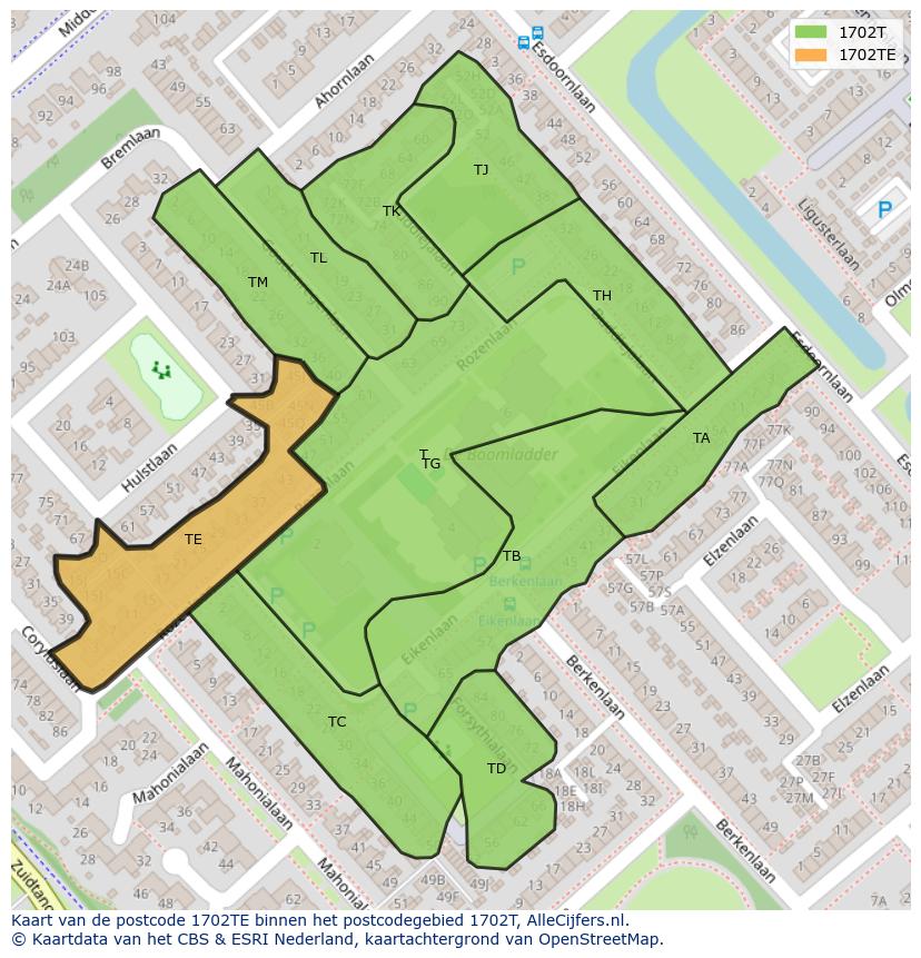 Afbeelding van het postcodegebied 1702 TE op de kaart.