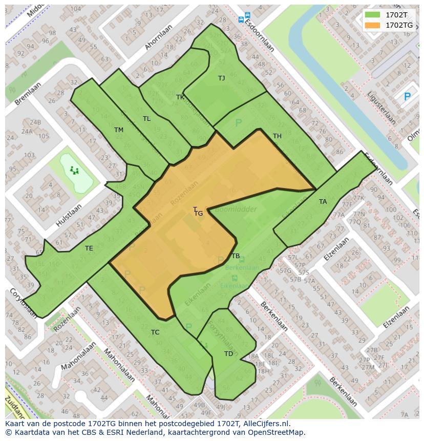 Afbeelding van het postcodegebied 1702 TG op de kaart.