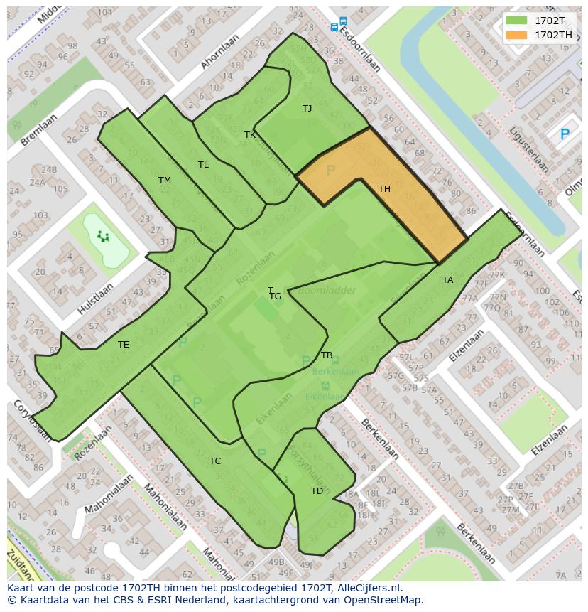 Afbeelding van het postcodegebied 1702 TH op de kaart.