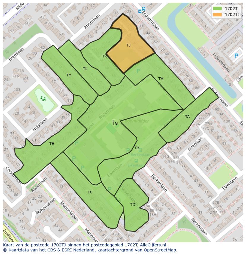 Afbeelding van het postcodegebied 1702 TJ op de kaart.