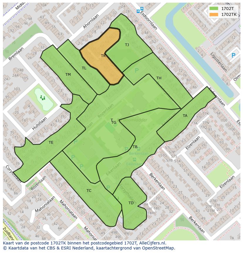 Afbeelding van het postcodegebied 1702 TK op de kaart.