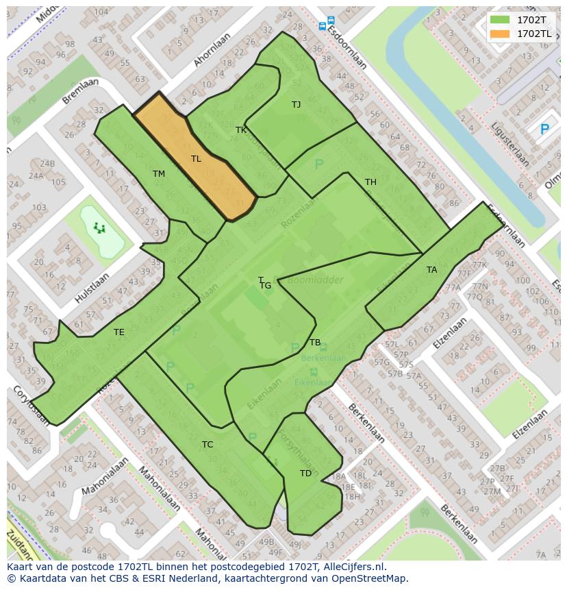 Afbeelding van het postcodegebied 1702 TL op de kaart.