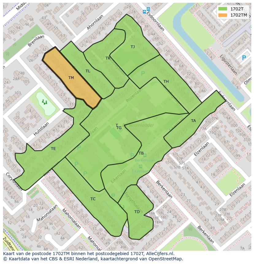 Afbeelding van het postcodegebied 1702 TM op de kaart.