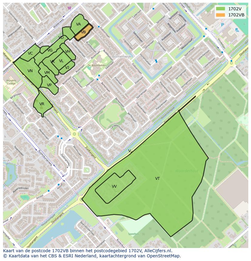 Afbeelding van het postcodegebied 1702 VB op de kaart.
