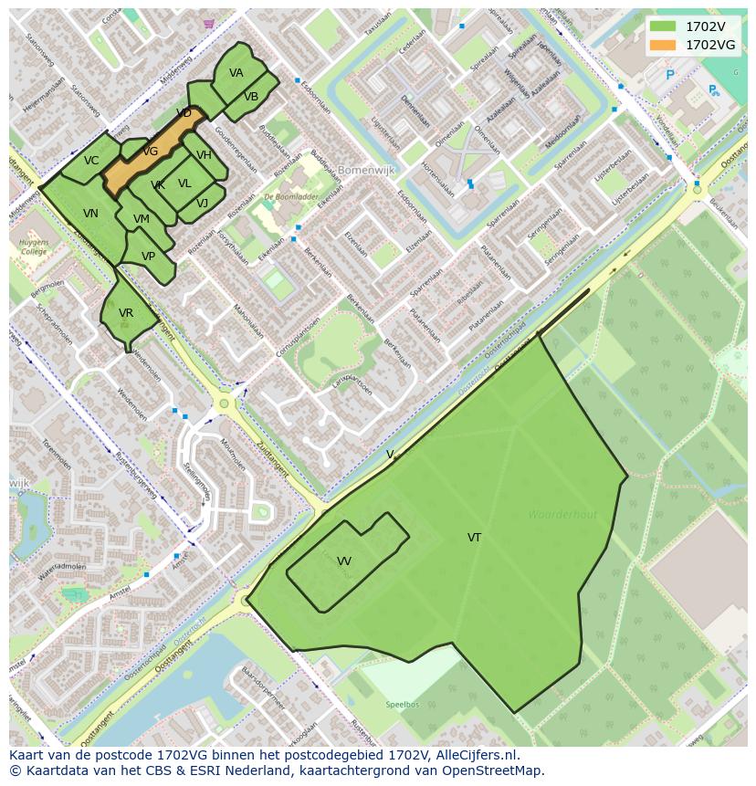 Afbeelding van het postcodegebied 1702 VG op de kaart.