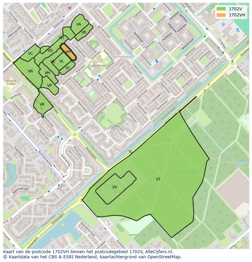 Afbeelding van het postcodegebied 1702 VH op de kaart.