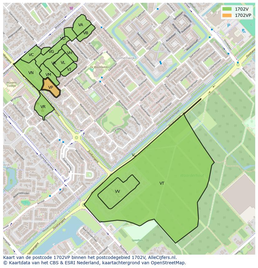 Afbeelding van het postcodegebied 1702 VP op de kaart.