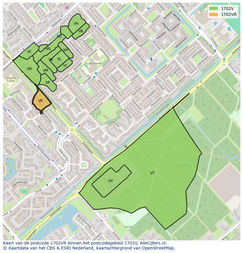 Afbeelding van het postcodegebied 1702 VR op de kaart.