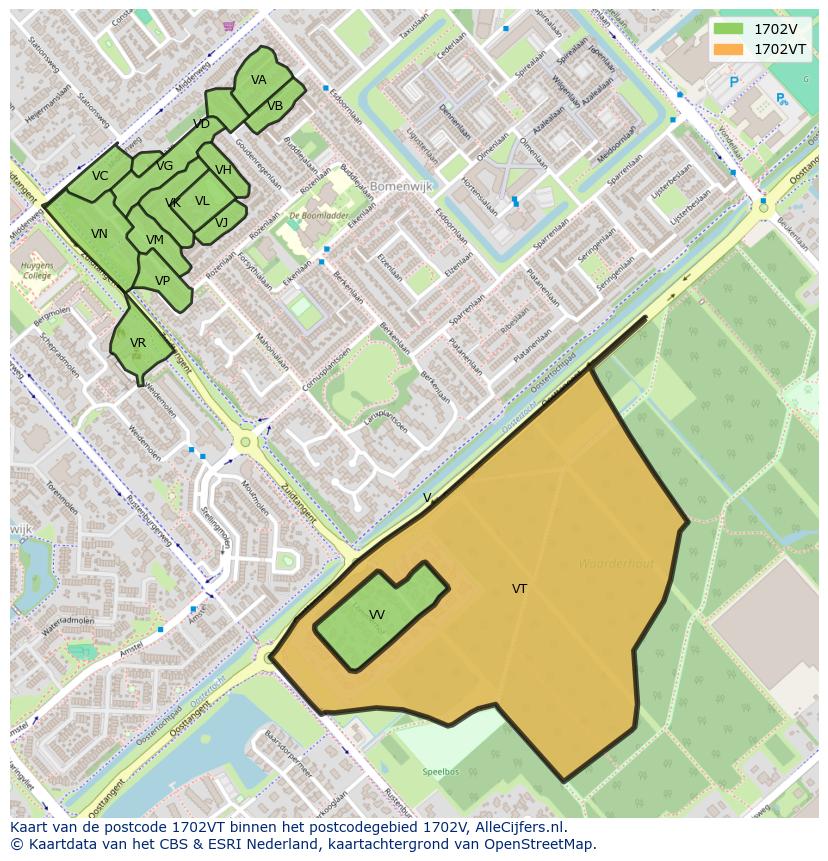 Afbeelding van het postcodegebied 1702 VT op de kaart.