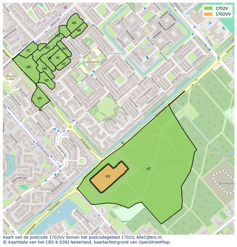 Afbeelding van het postcodegebied 1702 VV op de kaart.