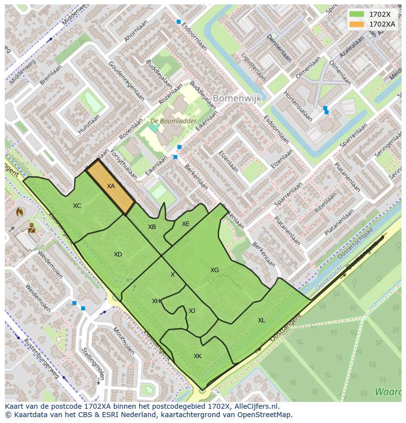 Afbeelding van het postcodegebied 1702 XA op de kaart.