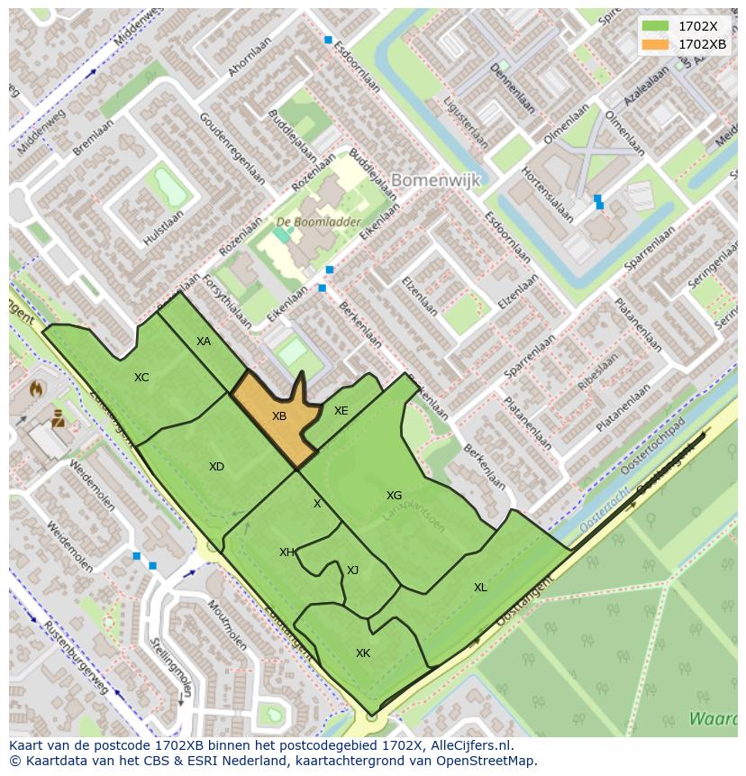 Afbeelding van het postcodegebied 1702 XB op de kaart.