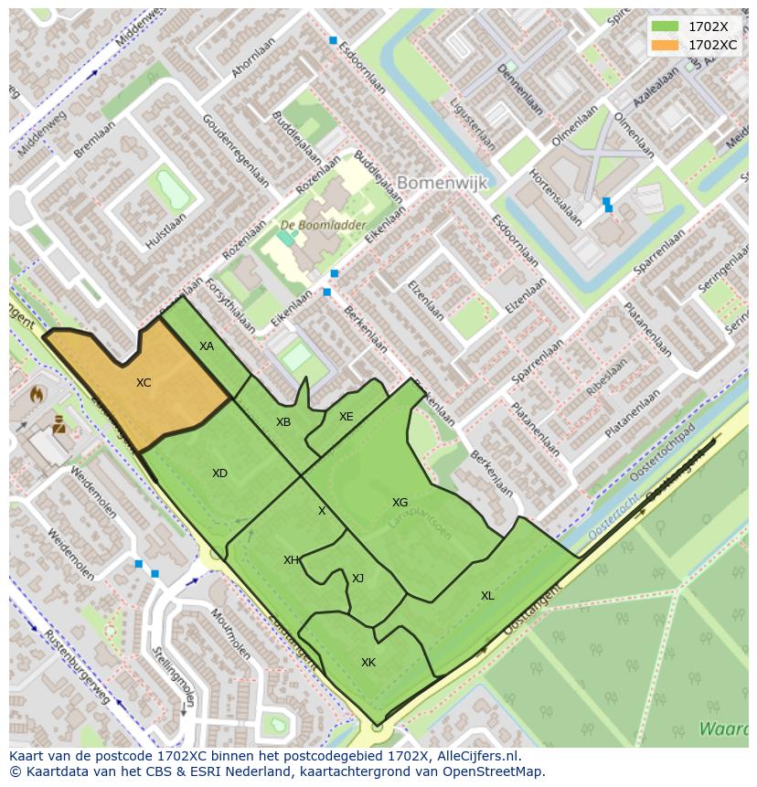 Afbeelding van het postcodegebied 1702 XC op de kaart.