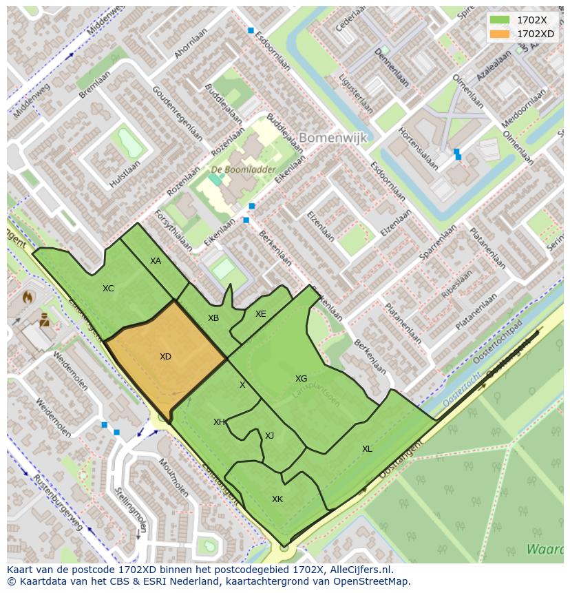 Afbeelding van het postcodegebied 1702 XD op de kaart.