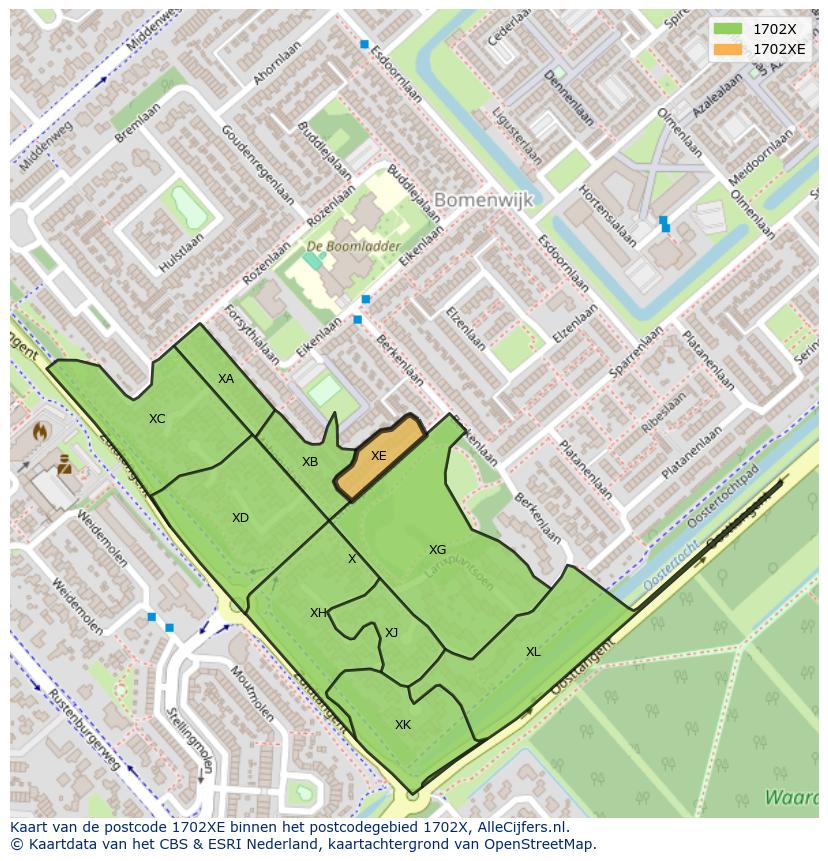 Afbeelding van het postcodegebied 1702 XE op de kaart.