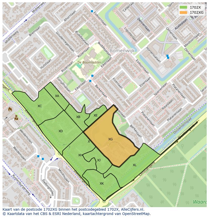 Afbeelding van het postcodegebied 1702 XG op de kaart.