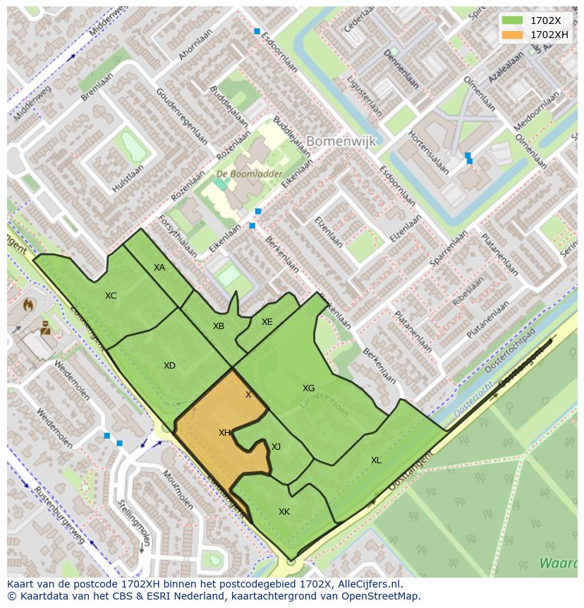 Afbeelding van het postcodegebied 1702 XH op de kaart.