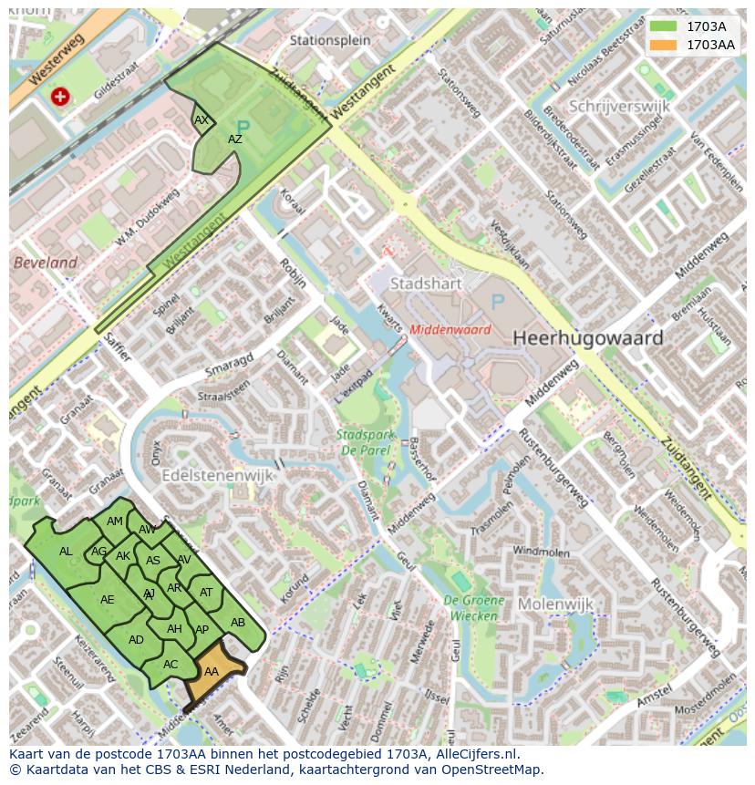 Afbeelding van het postcodegebied 1703 AA op de kaart.