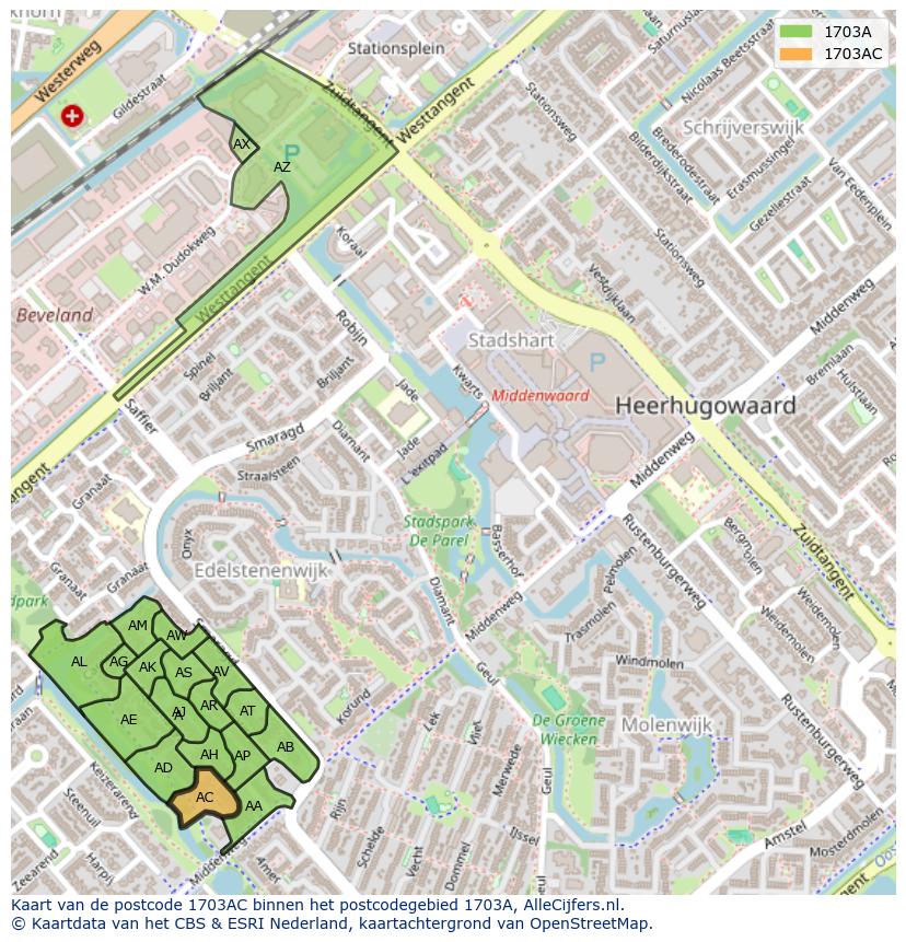 Afbeelding van het postcodegebied 1703 AC op de kaart.