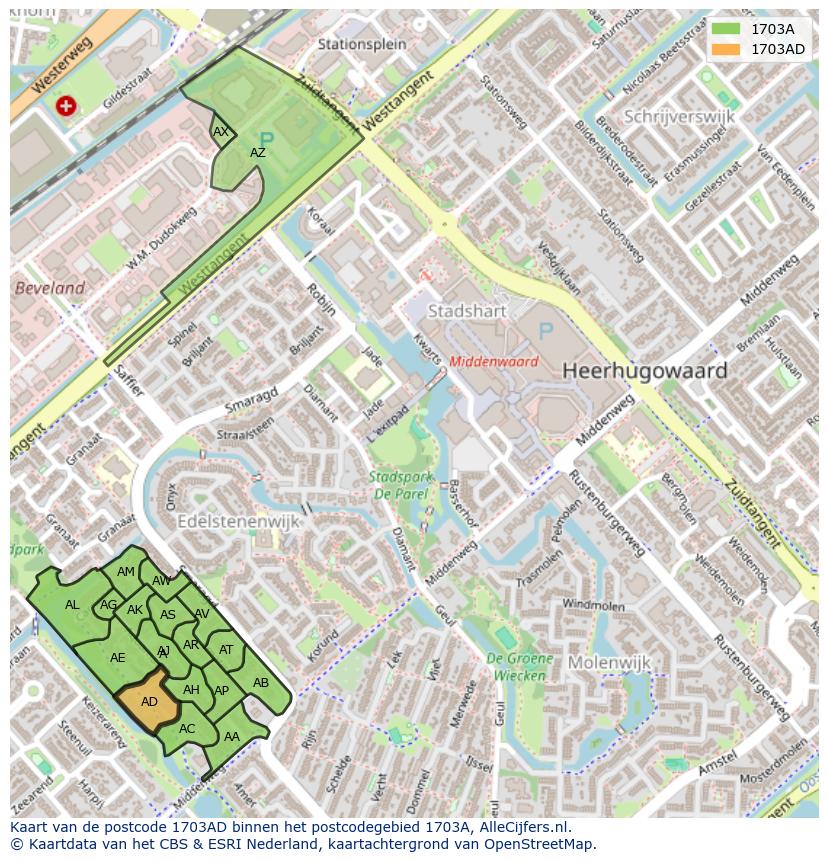 Afbeelding van het postcodegebied 1703 AD op de kaart.