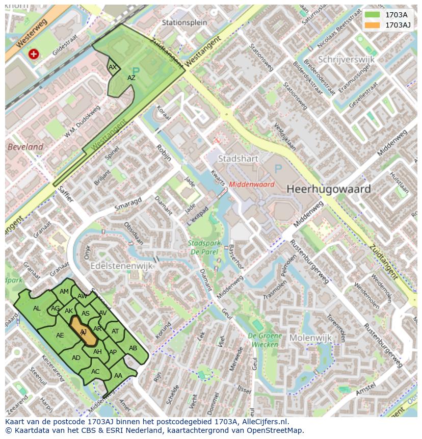 Afbeelding van het postcodegebied 1703 AJ op de kaart.