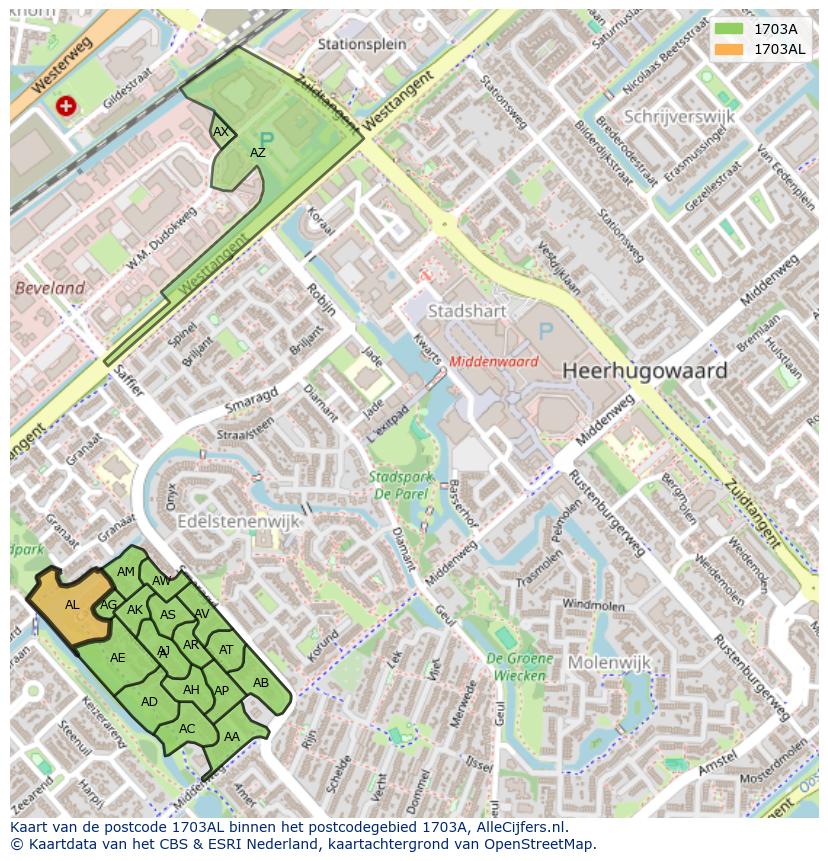 Afbeelding van het postcodegebied 1703 AL op de kaart.