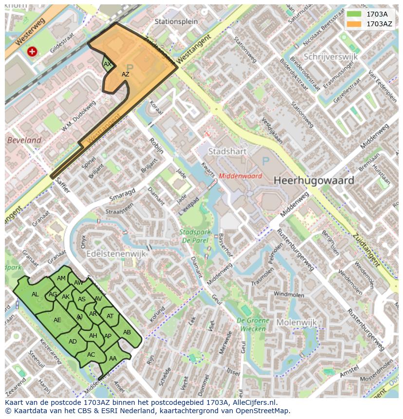Afbeelding van het postcodegebied 1703 AZ op de kaart.