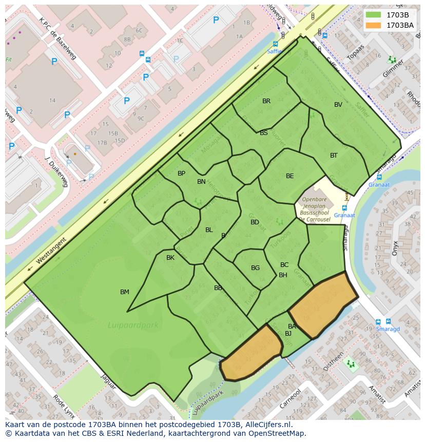 Afbeelding van het postcodegebied 1703 BA op de kaart.