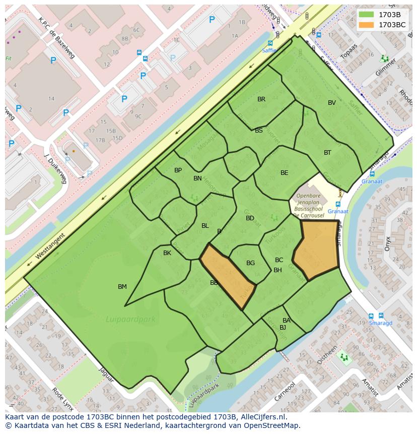 Afbeelding van het postcodegebied 1703 BC op de kaart.