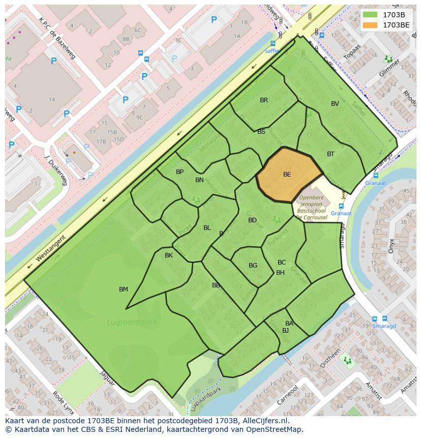 Afbeelding van het postcodegebied 1703 BE op de kaart.