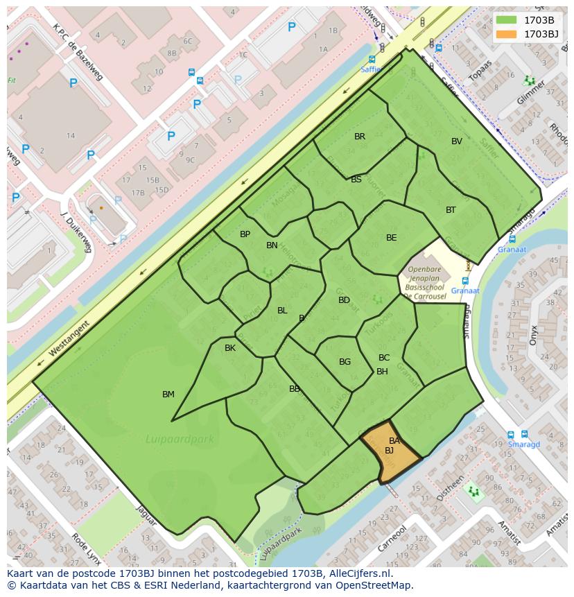 Afbeelding van het postcodegebied 1703 BJ op de kaart.