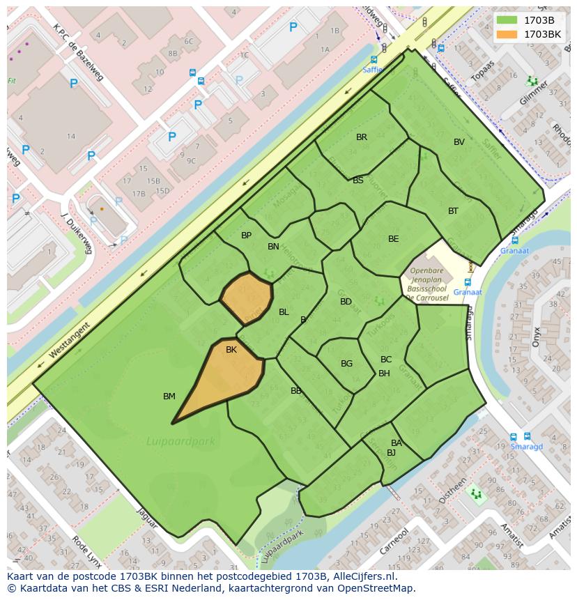 Afbeelding van het postcodegebied 1703 BK op de kaart.
