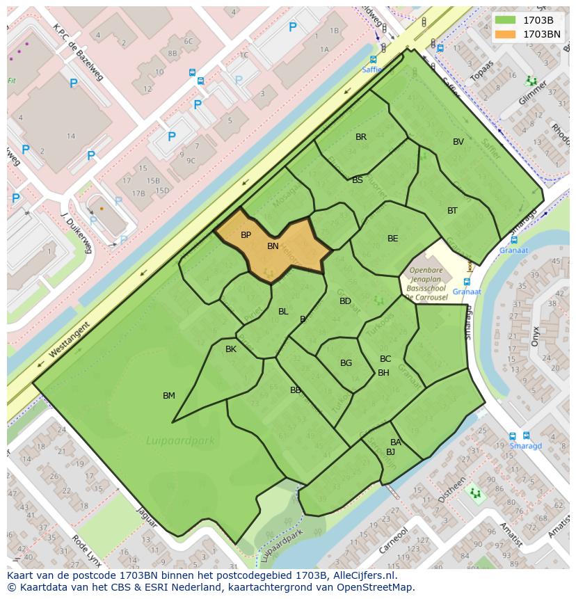 Afbeelding van het postcodegebied 1703 BN op de kaart.