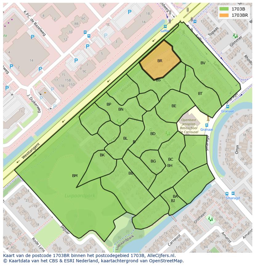 Afbeelding van het postcodegebied 1703 BR op de kaart.