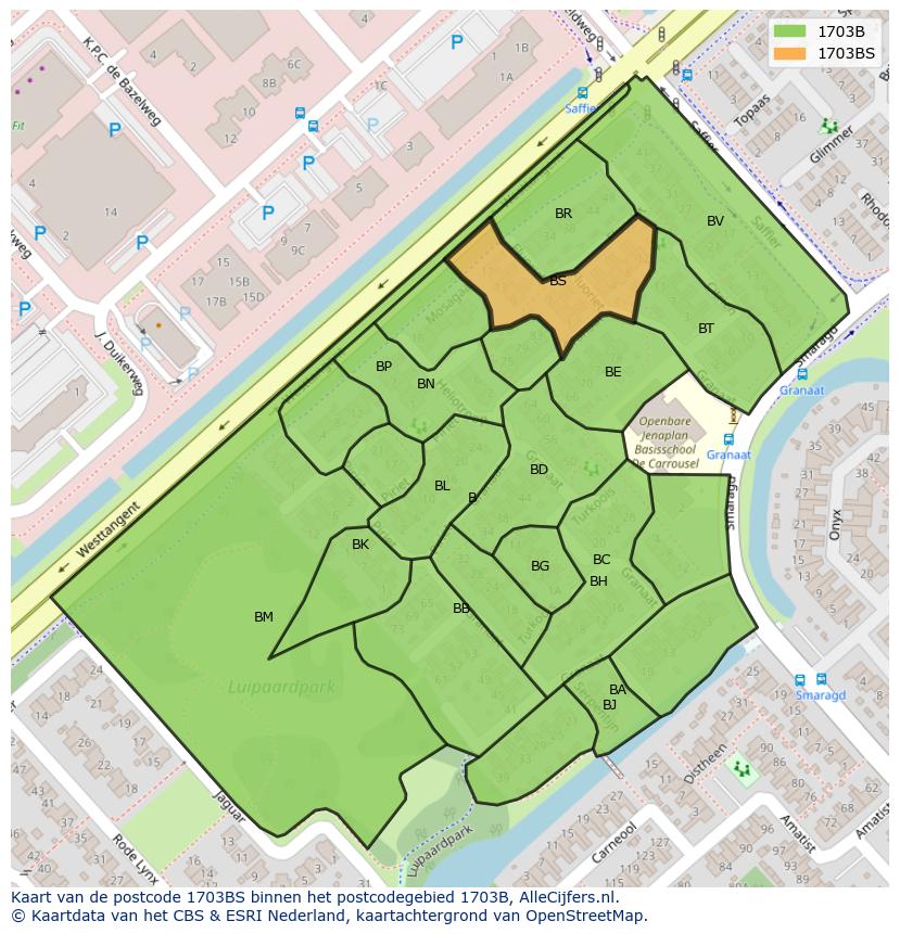 Afbeelding van het postcodegebied 1703 BS op de kaart.