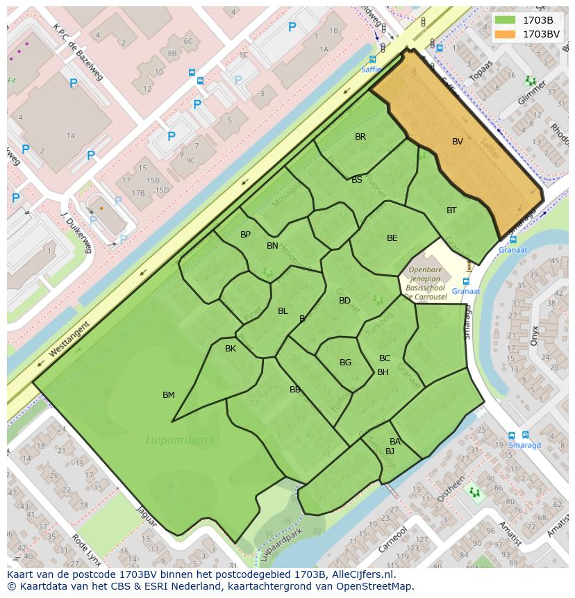 Afbeelding van het postcodegebied 1703 BV op de kaart.