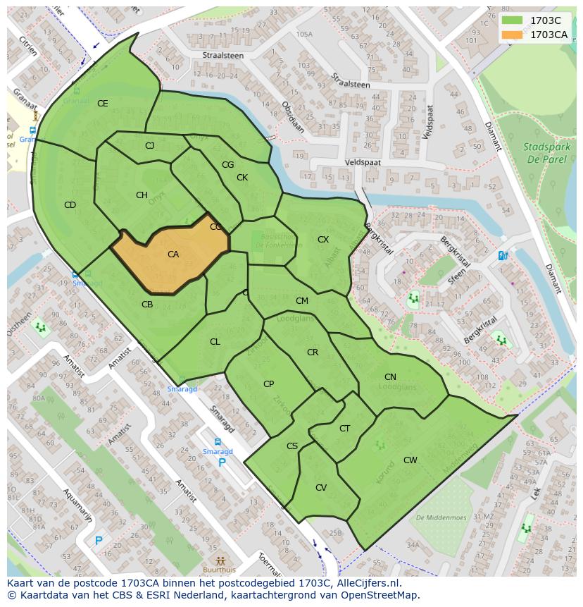 Afbeelding van het postcodegebied 1703 CA op de kaart.
