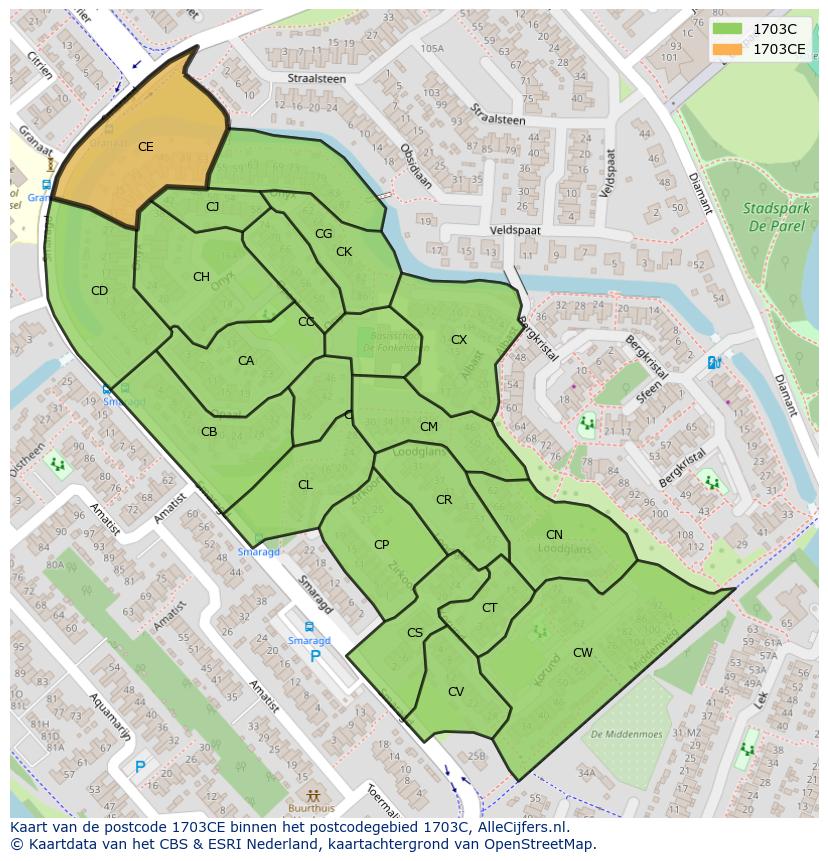 Afbeelding van het postcodegebied 1703 CE op de kaart.
