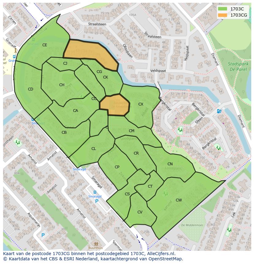 Afbeelding van het postcodegebied 1703 CG op de kaart.