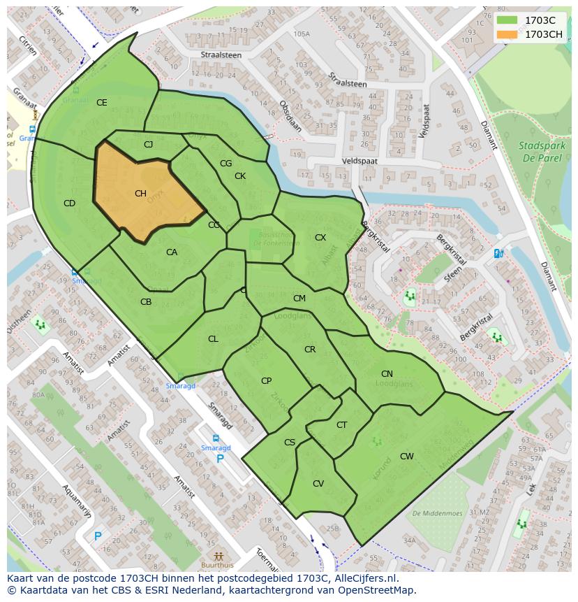 Afbeelding van het postcodegebied 1703 CH op de kaart.