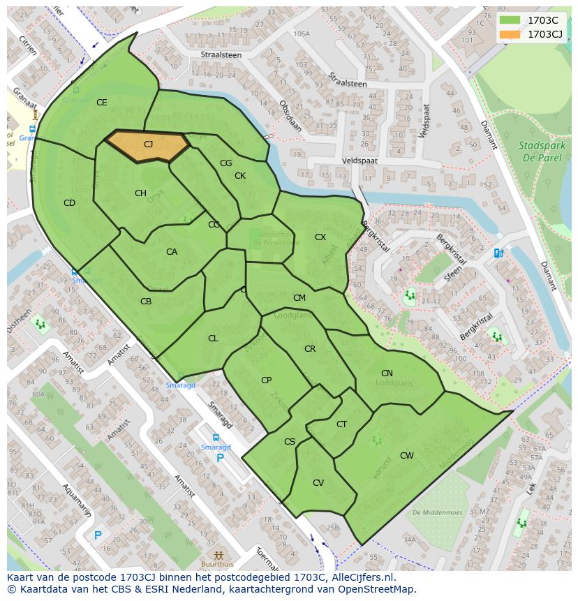 Afbeelding van het postcodegebied 1703 CJ op de kaart.