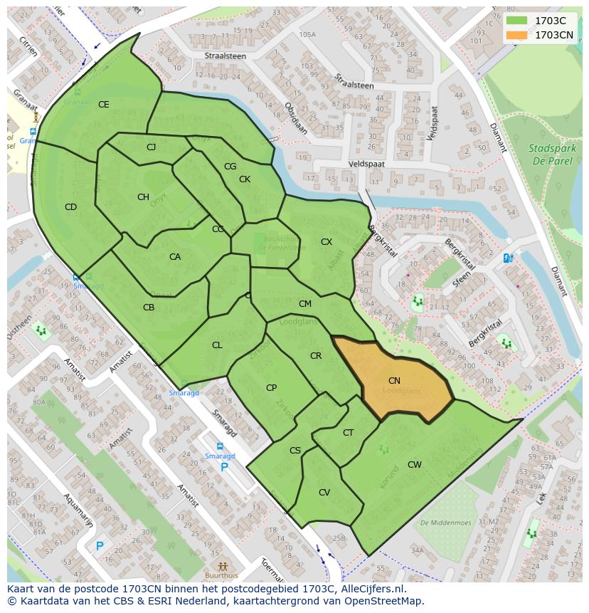 Afbeelding van het postcodegebied 1703 CN op de kaart.