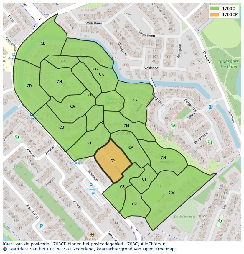Afbeelding van het postcodegebied 1703 CP op de kaart.